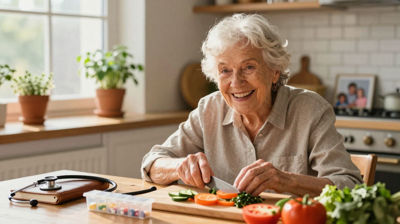 Idosa sorridente a cortar legumes na cozinha com estetoscópio e medicamentos numa caixa sobre a mesa.
