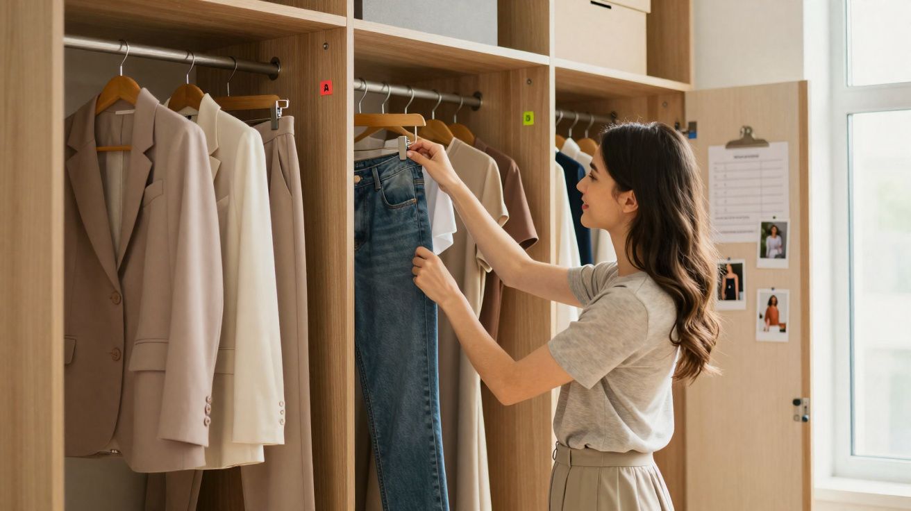 Mulher a escolher roupa num armário de madeira com vários fatos e jeans pendurados.