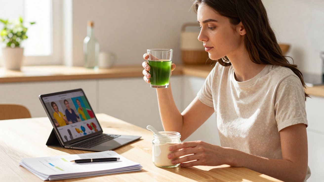 Mulher sentada à mesa com iogurte, bebida verde numa mão e portátil aberto numa cozinha iluminada.