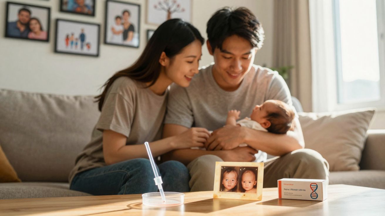 Pais sorridentes seguram recém-nascido no colo com teste genético e fotografia de gêmeos na mesa à frente.