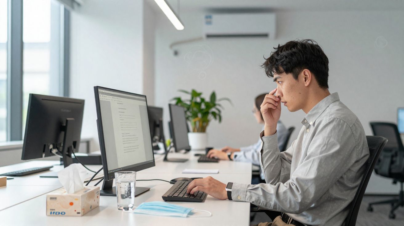 Homem a trabalhar concentrado num escritório moderno com computadores e máscara facial sobre a mesa.