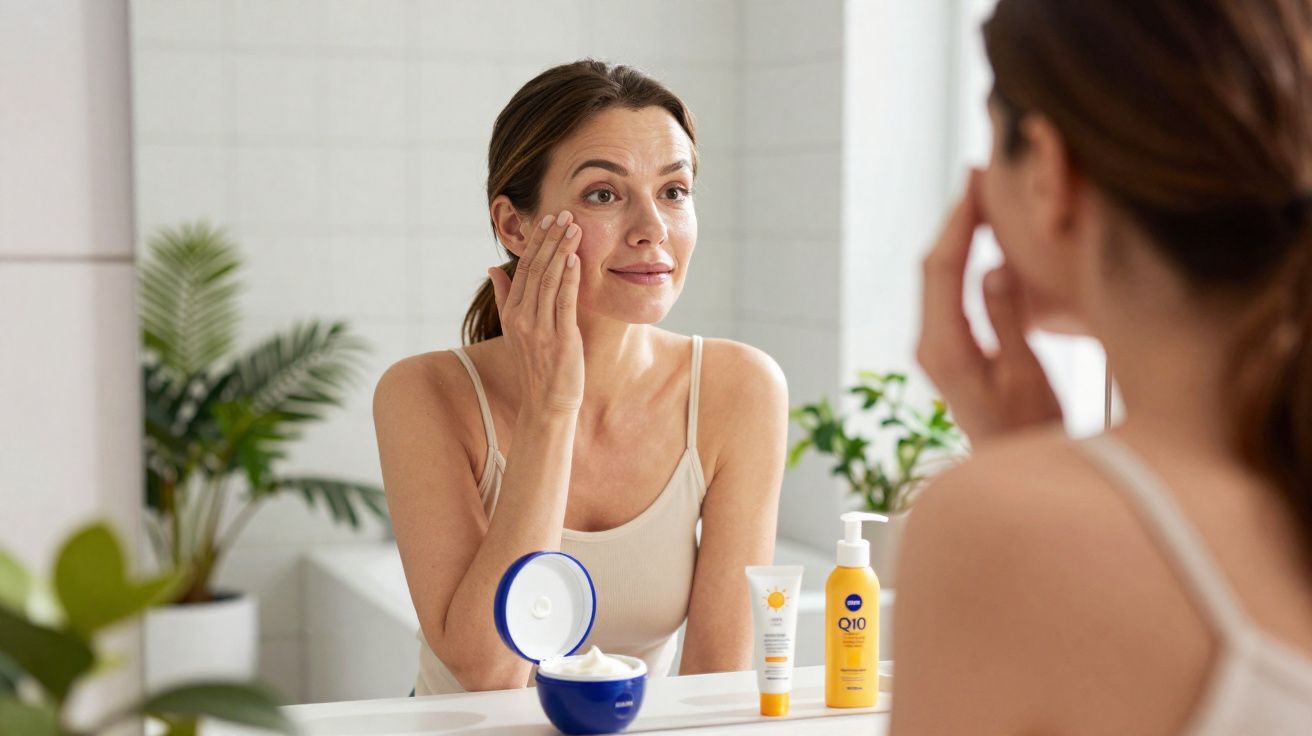 Mulher aplica creme no rosto enquanto se olha ao espelho numa casa de banho luminosa com plantas.