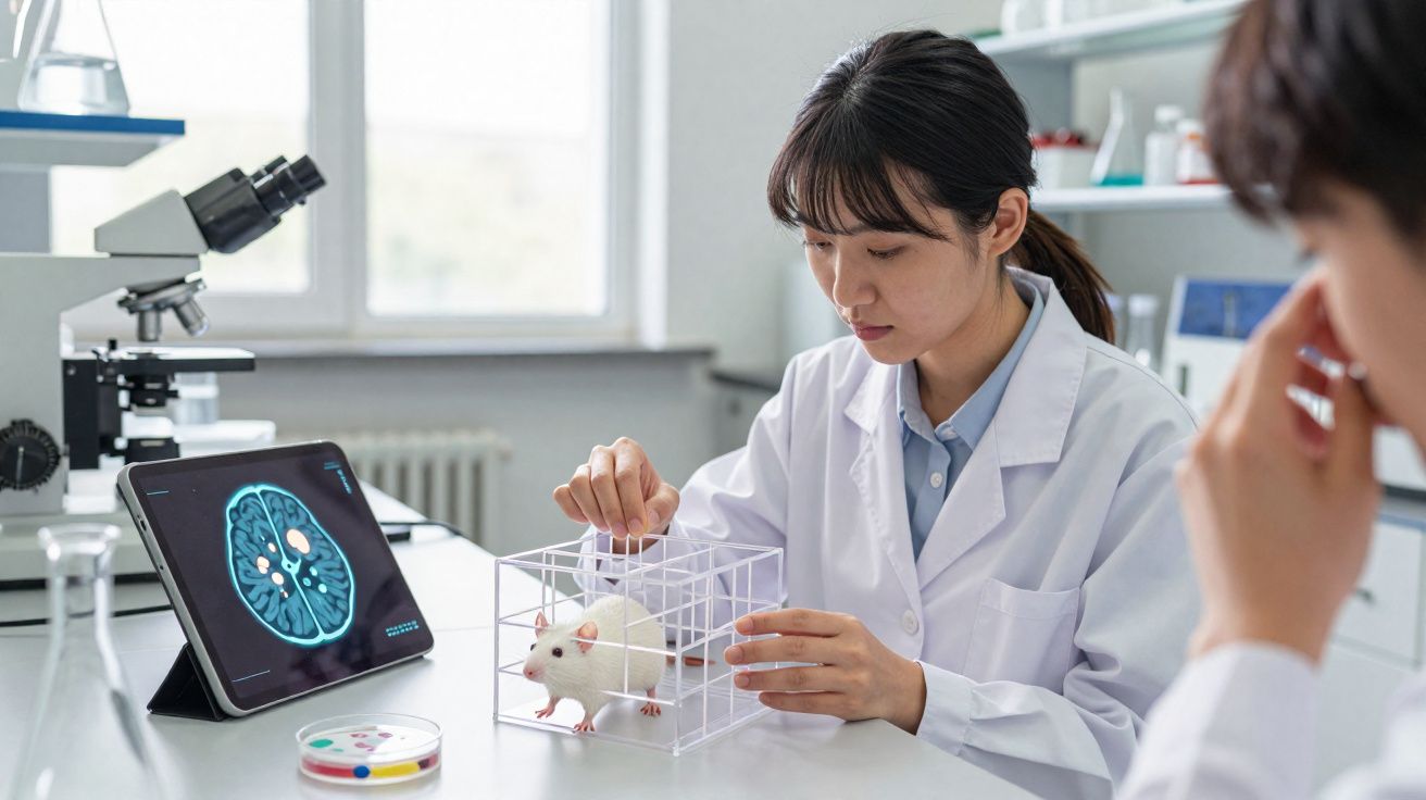 Cientista em laboratório a manipular rato branco em gaiola, com imagem cerebral num tablet e microscópio ao lado.