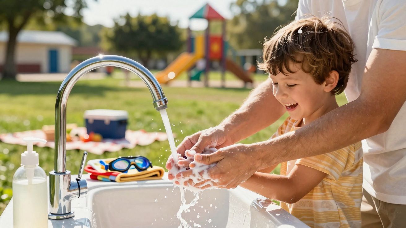 Criança e adulto a lavar as mãos com sabão ao ar livre num parque de playground.