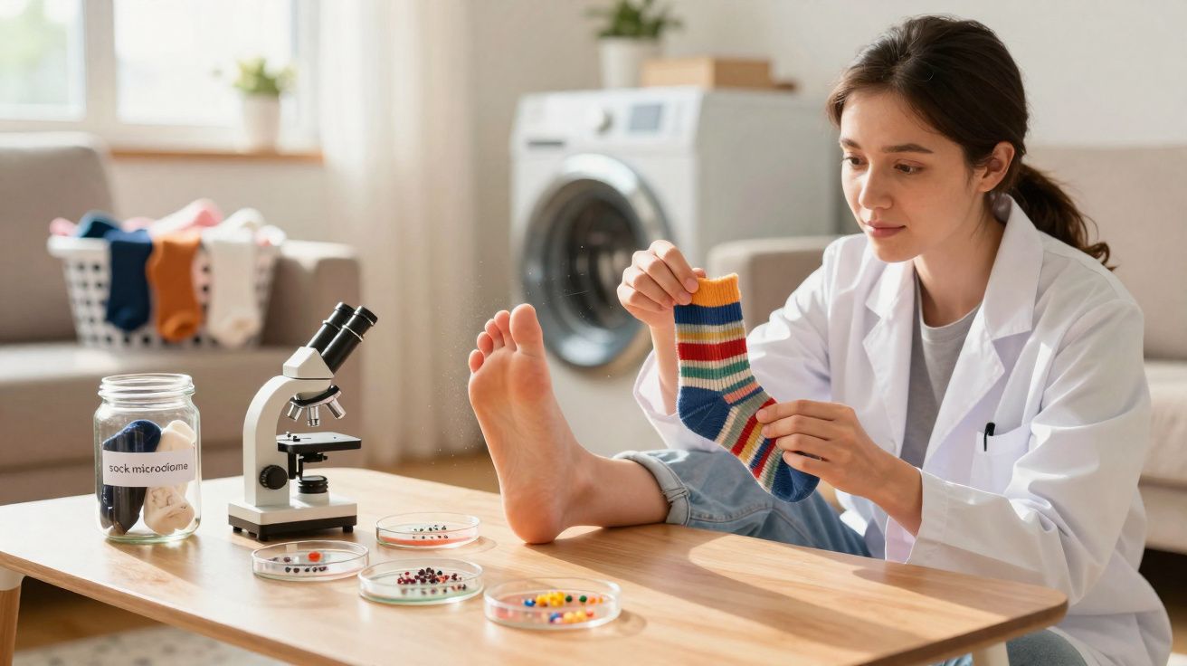Mulher numa bata branca examina uma meia colorida à frente de um microscópio e placas de Petri num ambiente doméstico.