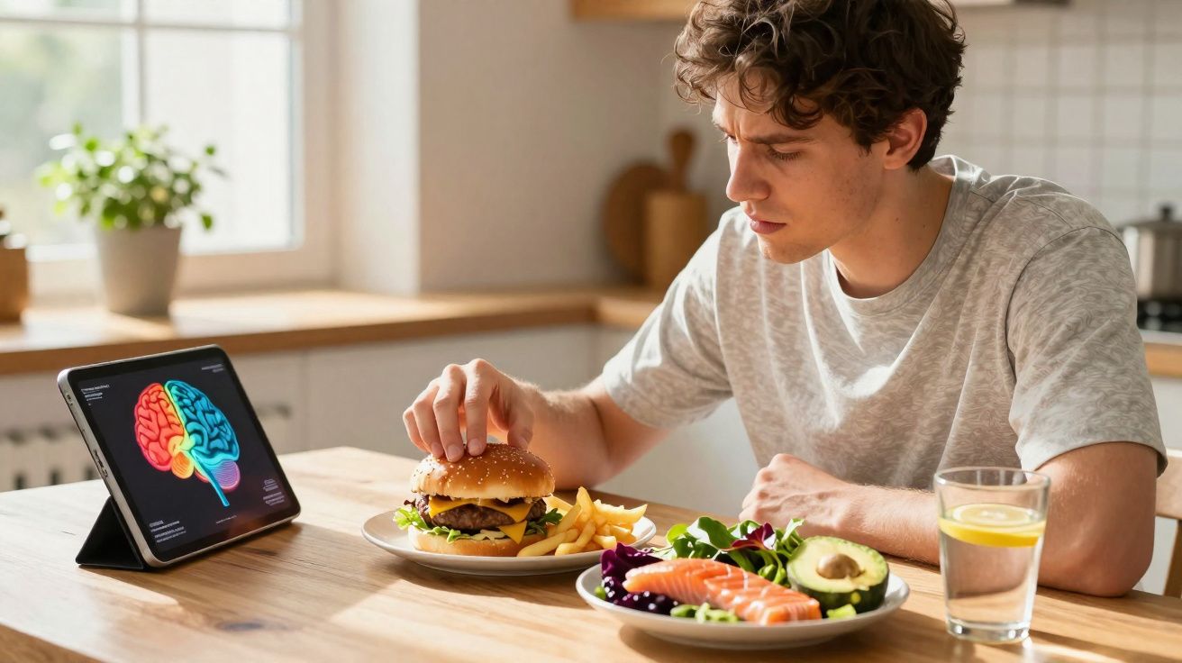 Homem indeciso entre comer hambúrguer com batatas fritas ou prato saudável com salmão e abacate.