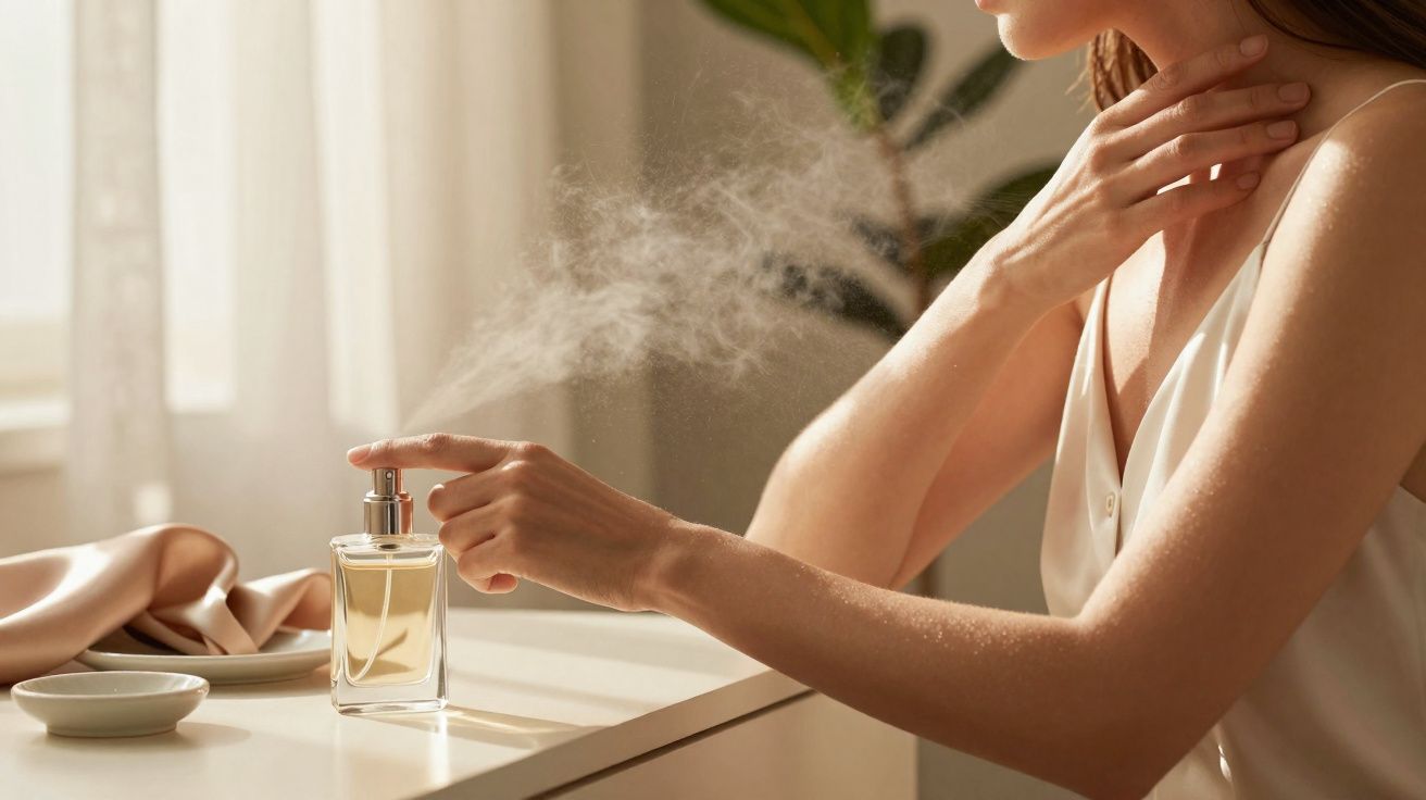 Mulher com camisola clara a aplicar perfume num ambiente luminoso e tranquilo.