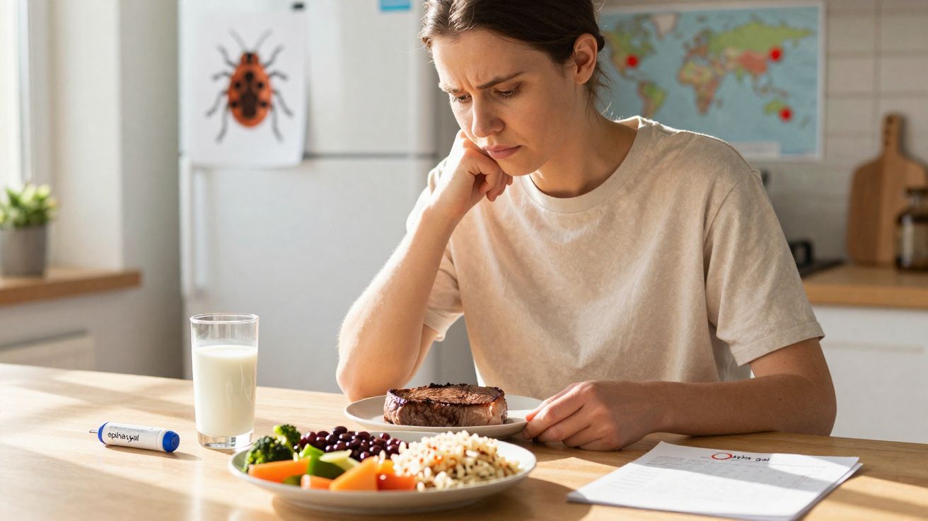 Mulher preocupada a olhar para um prato com carne, legumes, arroz e um copo de leite numa mesa.
