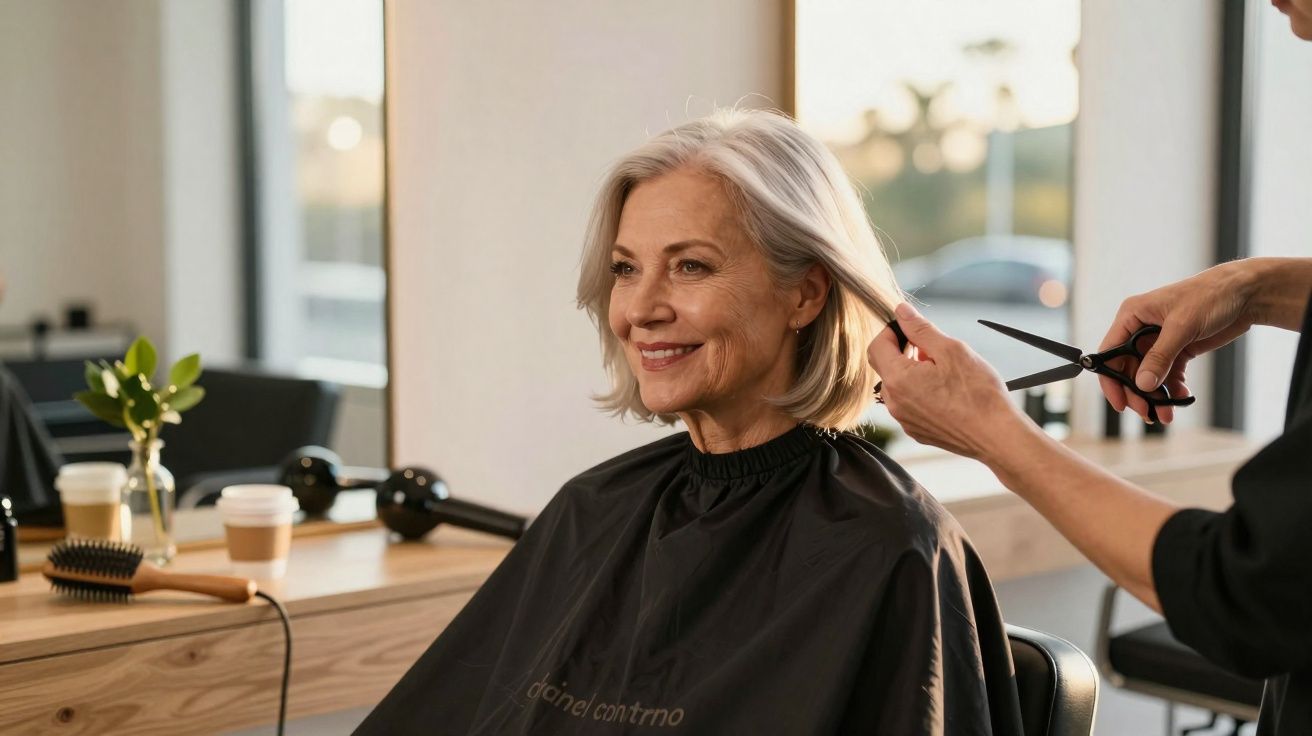 Mulher idosa sorridente a cortar o cabelo num cabeleireiro moderno e luminoso.