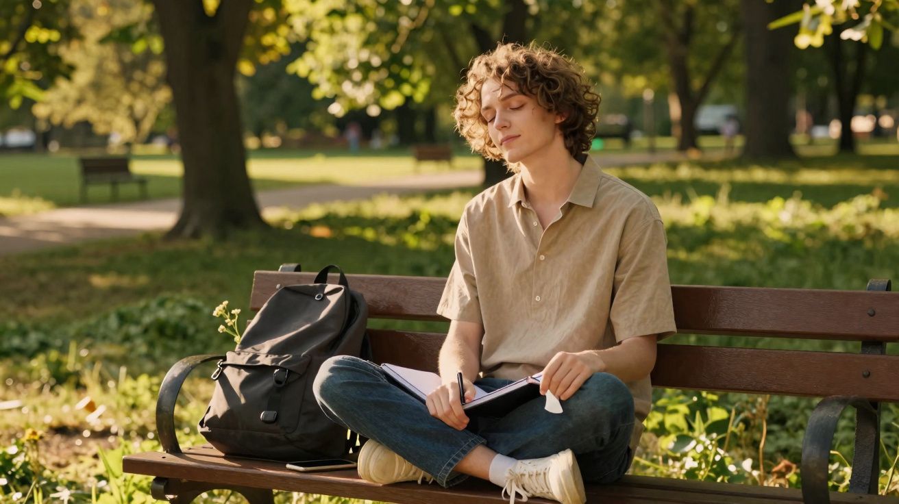 Jovem sentado num banco de parque, com mochila ao lado, escrevendo num caderno e segurando uma caneta.