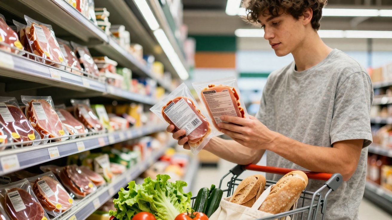 Homem jovem compara dois produtos embalados no corredor de frescos com carrinho de compras no supermercado.