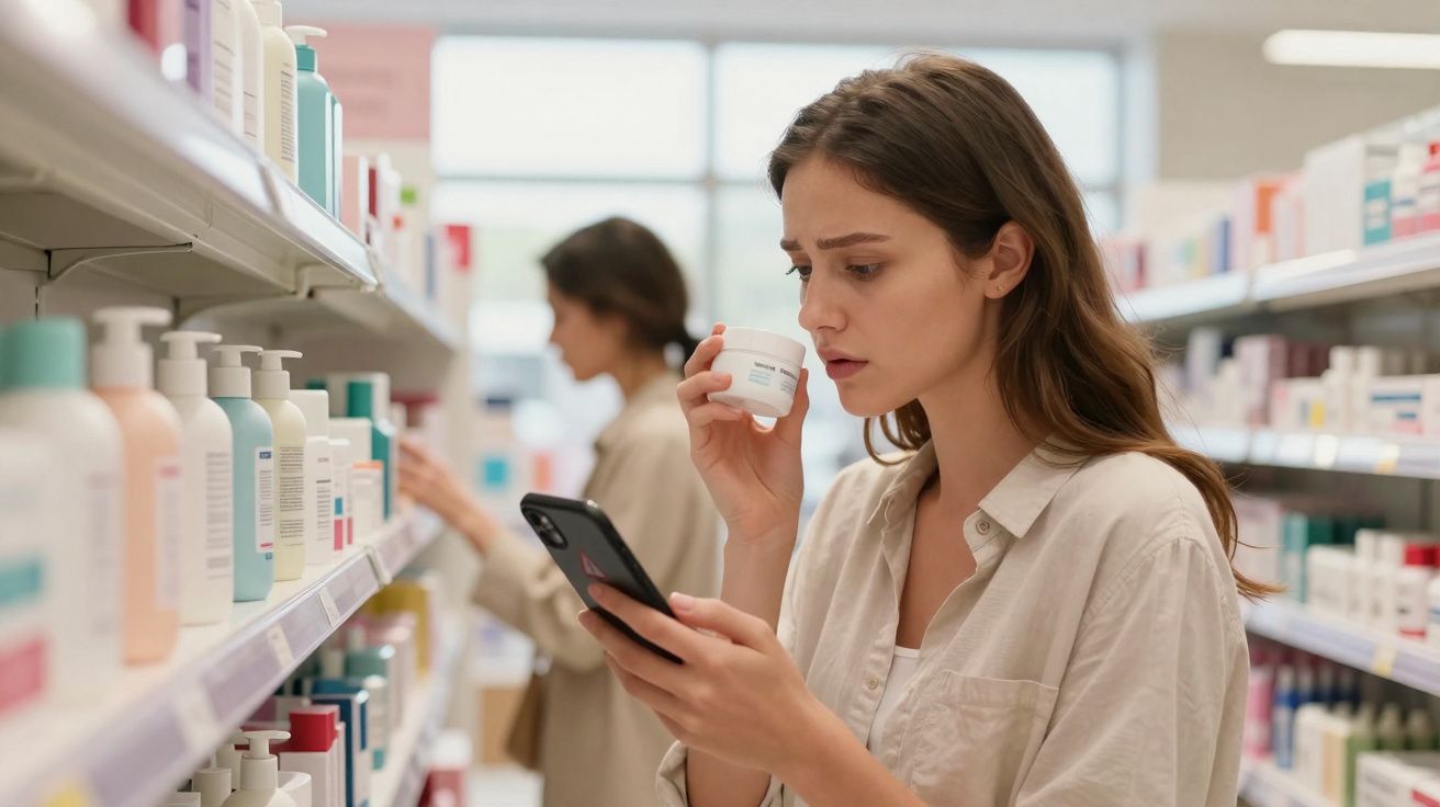 Mulher jovem consulta o telemóvel enquanto escolhe creme numa prateleira de produtos de beleza.