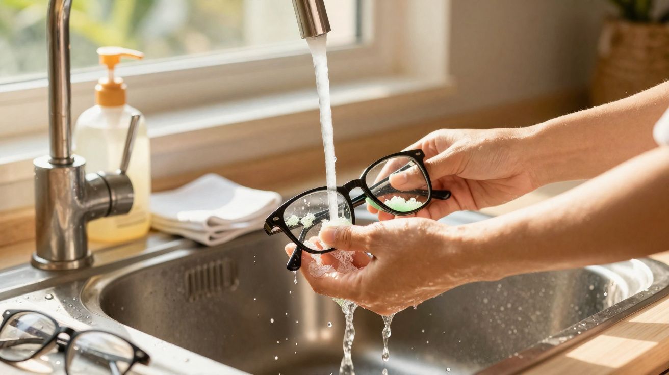 Pessoa a lavar óculos com água num lava-loiça junto a janela com dispenser de sabão e pano branco.