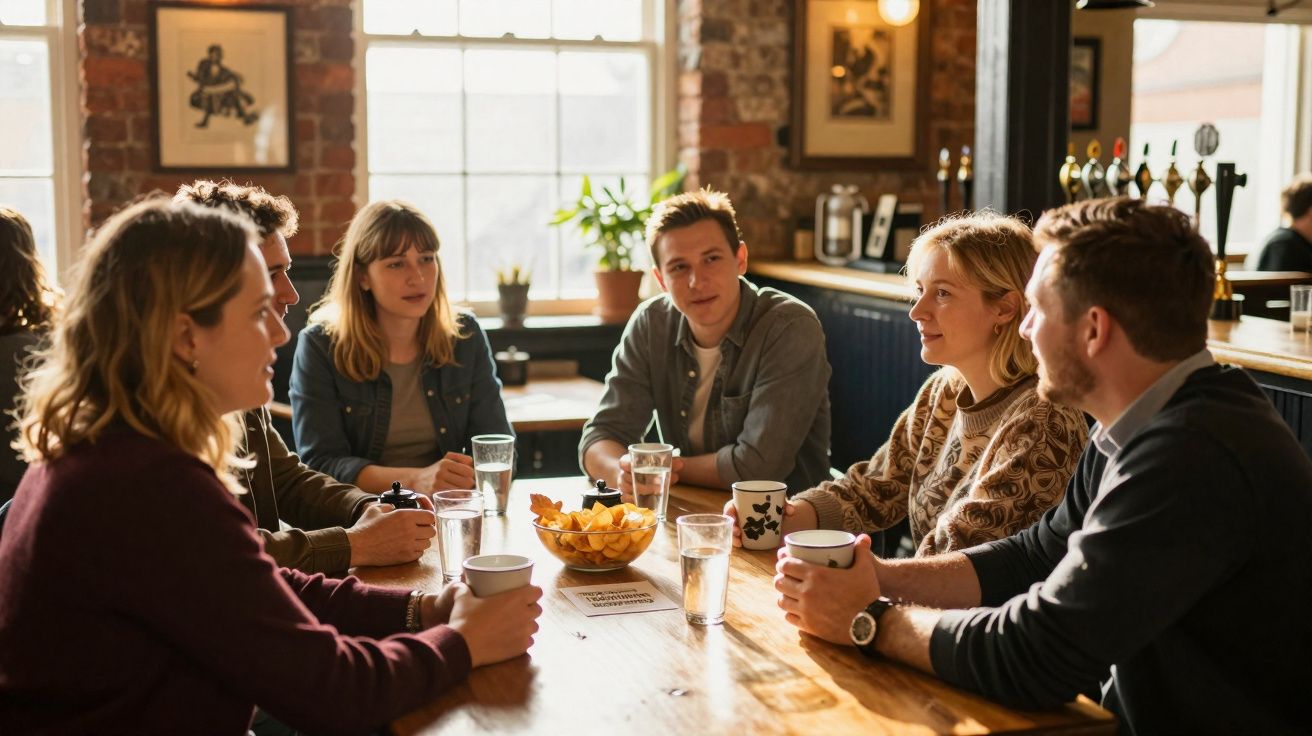 Seis pessoas a conversarem numa mesa de madeira com chávenas e um prato de snacks numa sala iluminada.