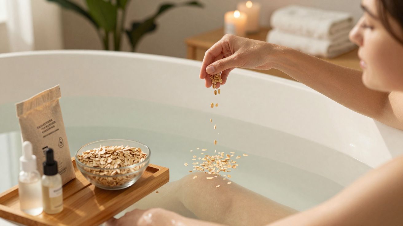 Pessoa deitada numa banheira, a deitar flocos de aveia na água, com produtos de spa num tabuleiro ao lado.