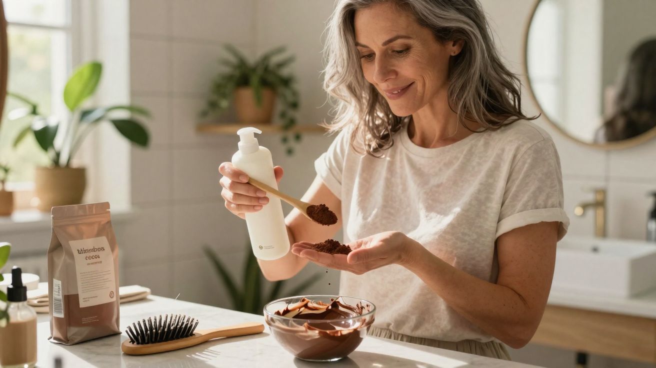 Mulher a preparar máscara capilar com cacau e creme num ambiente de casa de banho iluminado.