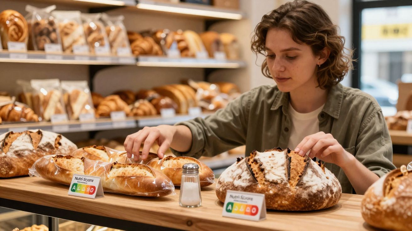 Mulher jovem a escolher pão numa padaria com vários tipos de pão expostos em prateleira e mesa.