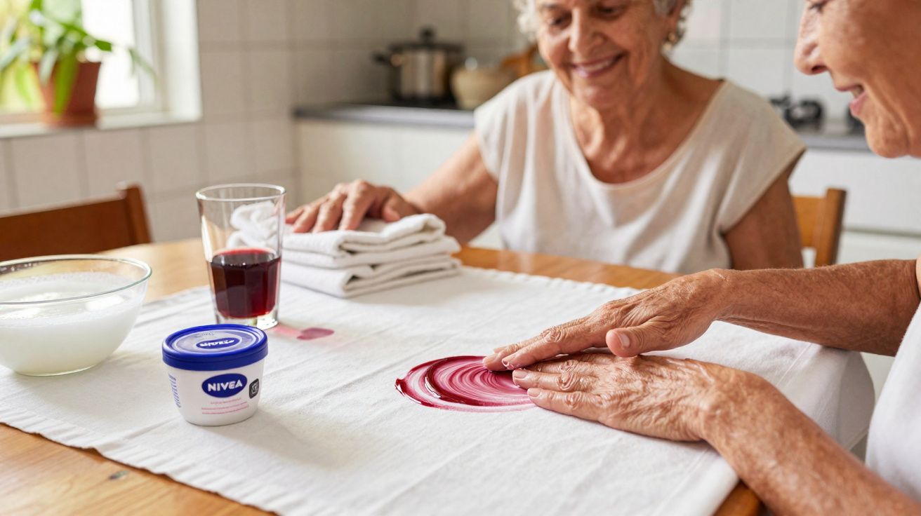 Duas mulheres idosas a limpar um nódoa de vinho tinto numa toalha branca com creme Nivea na cozinha.