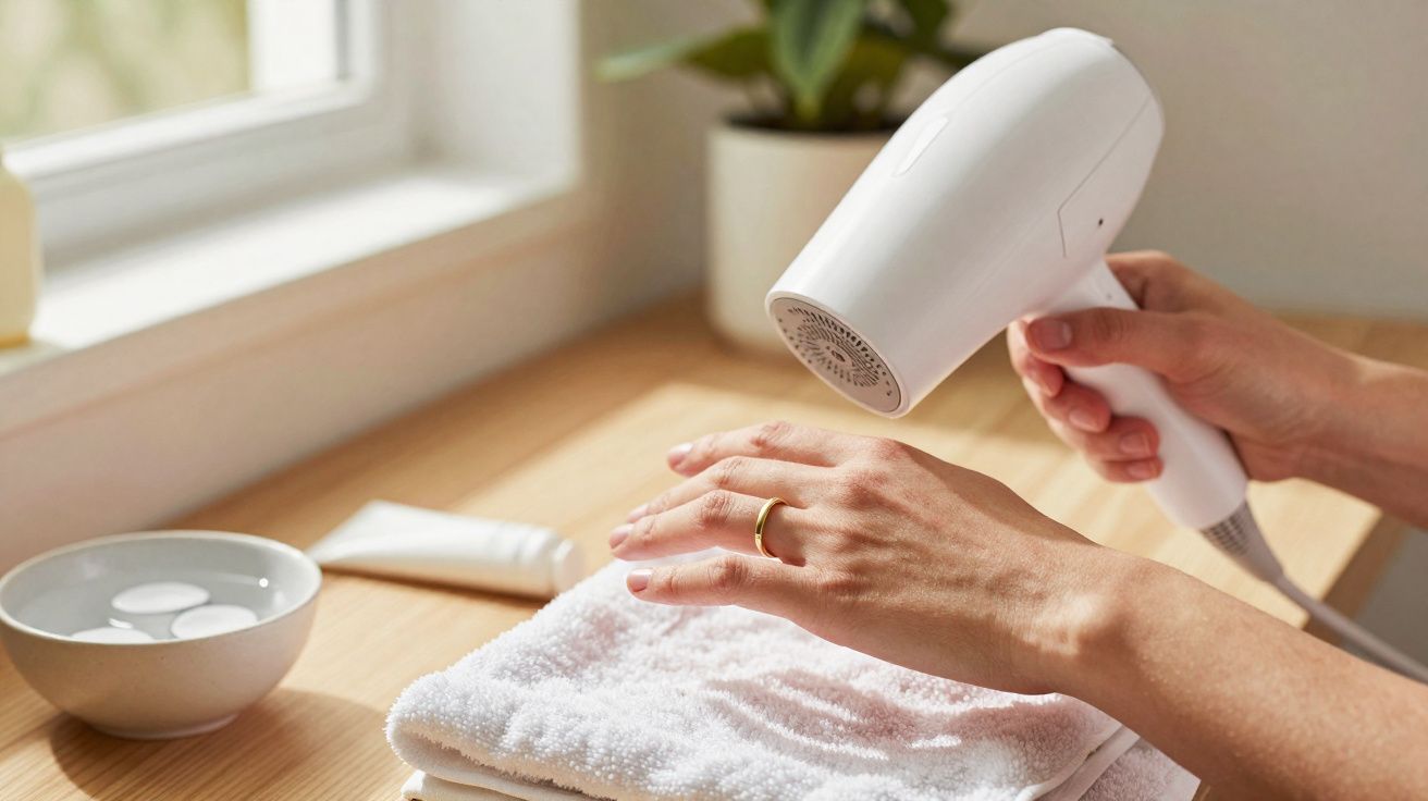 Pessoa a secar as mãos com secador branco, sobre toalha branca, numa mesa de madeira junto a uma janela.