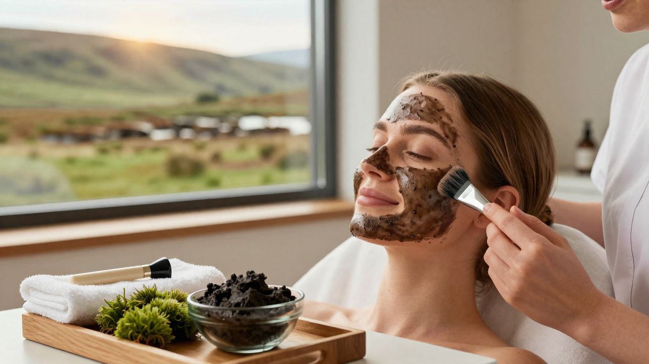Mulher a receber máscara facial de argila num ambiente de spa com vista para paisagem natural.