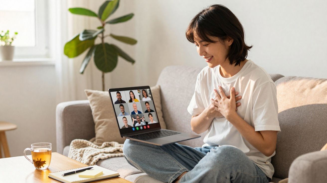 Mulher sentada no sofá numa videochamada sorridente com várias pessoas no ecrã do portátil.