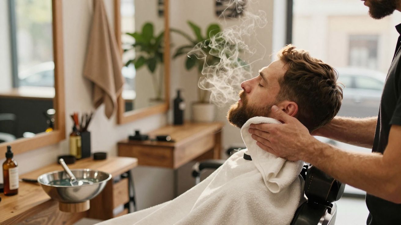 Homem sentado numa barbearia a receber toalha quente no rosto do barbeiro.