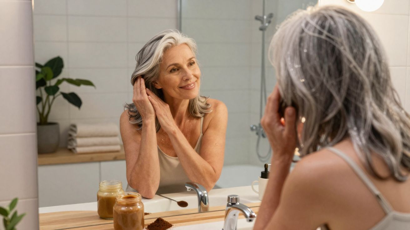 Mulher idosa sorridente a cuidar do cabelo em frente a um espelho numa casa de banho moderna.