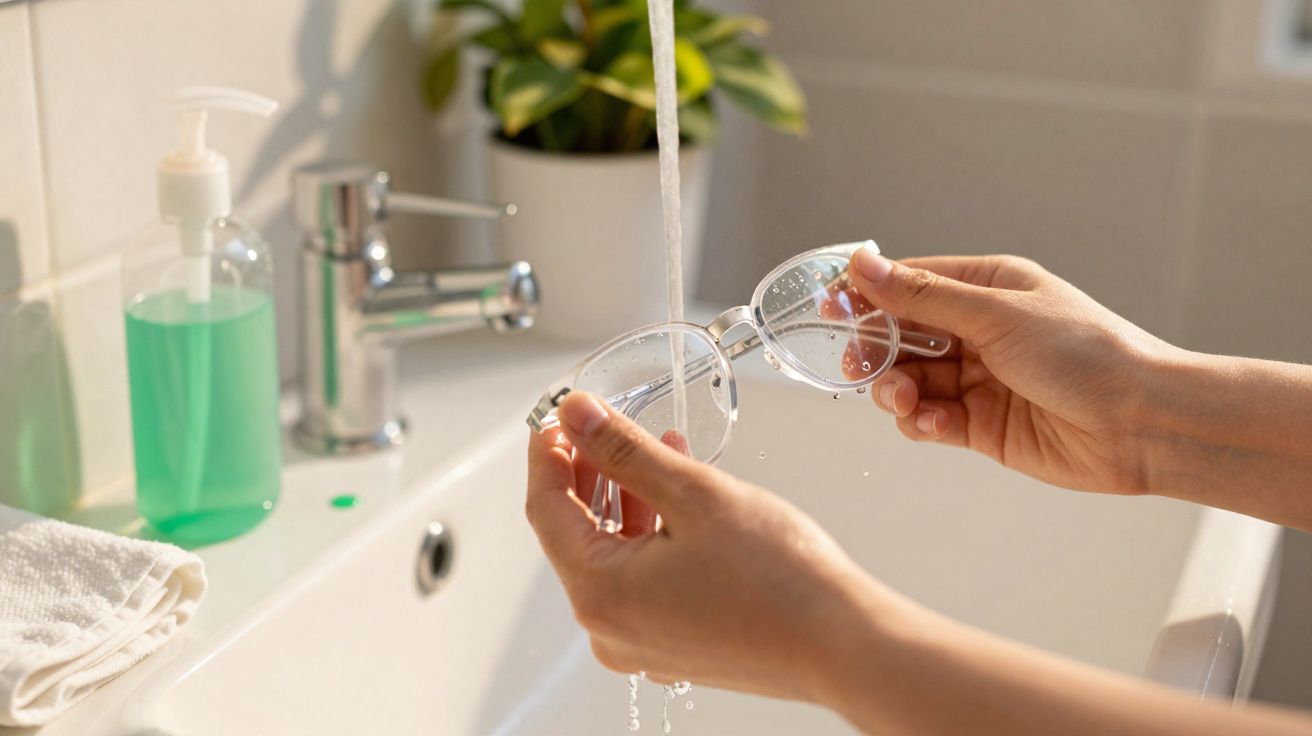 Pessoa a lavar óculos transparentes debaixo de água numa pia branca com detergente verde.