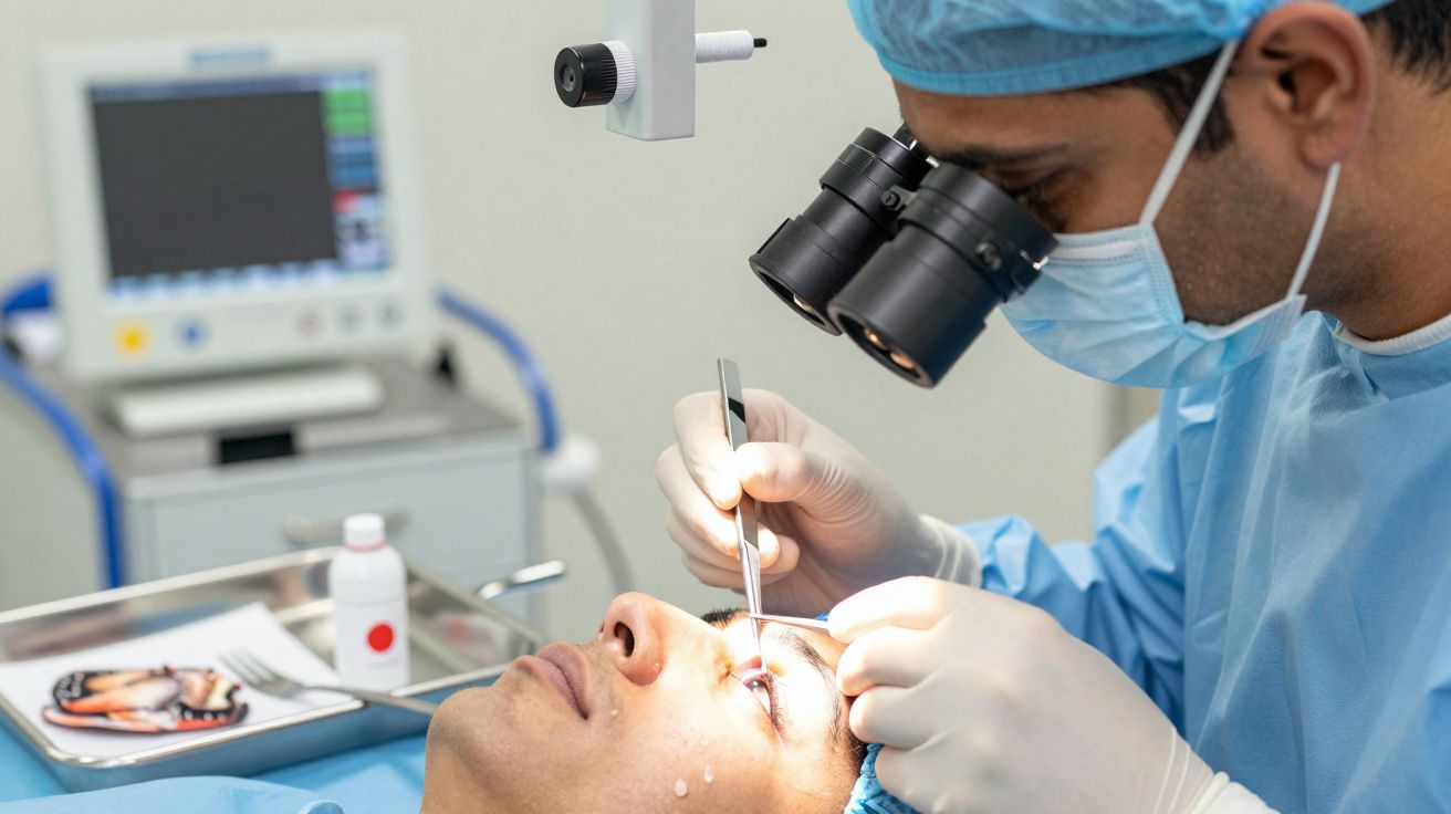 Médico a realizar cirurgia ocular num paciente, usando luvas, máscara e lupa cirúrgica.