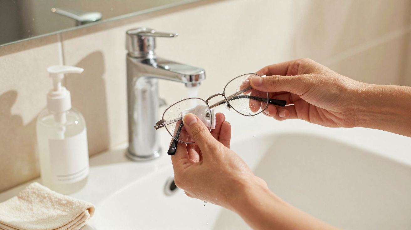 Mãos a lavar óculos com gotas de água numa sanita com torneira e dispenser de sabonete líquido.