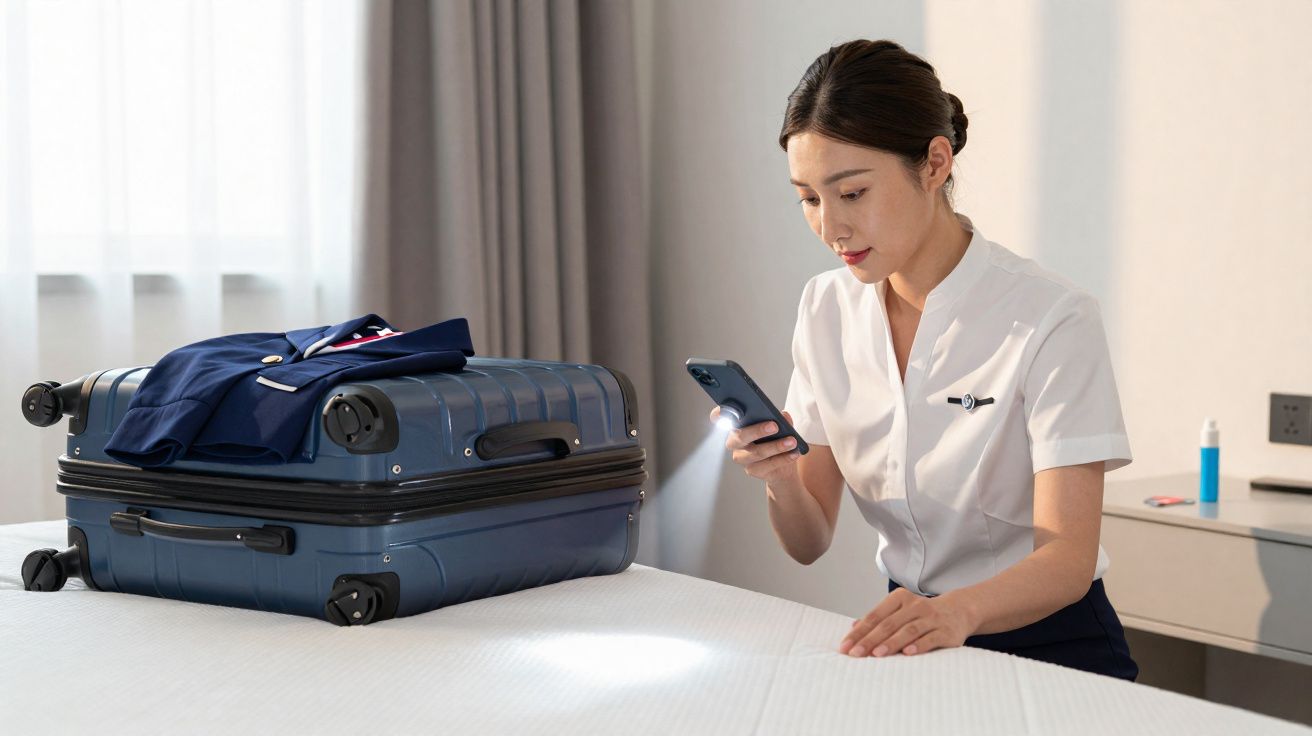 Mulher com uniforme verifica cama com telemóvel e mala azul num quarto de hotel.