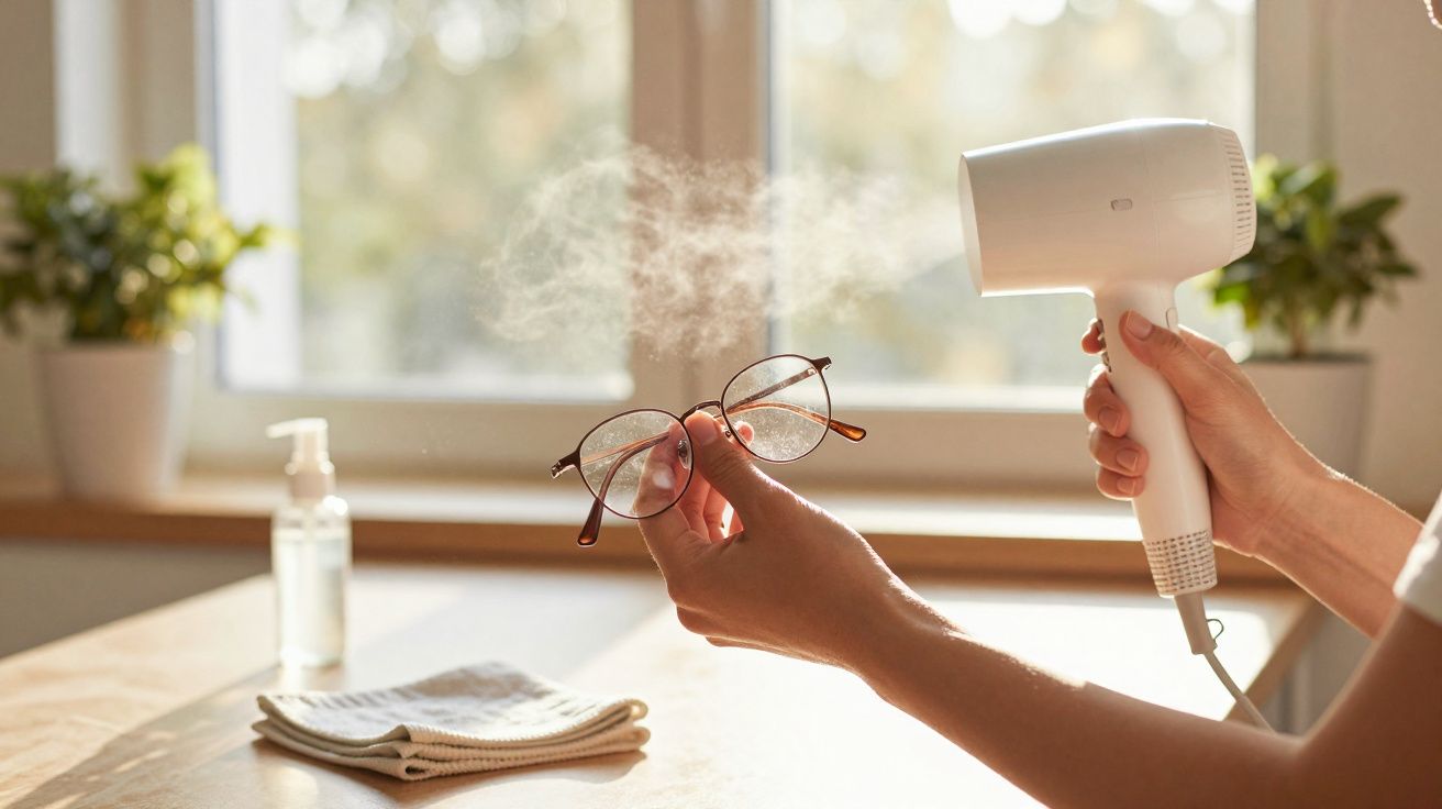 Pessoa a usar um secador de cabelo para limpar óculos com vapor num ambiente interior iluminado.