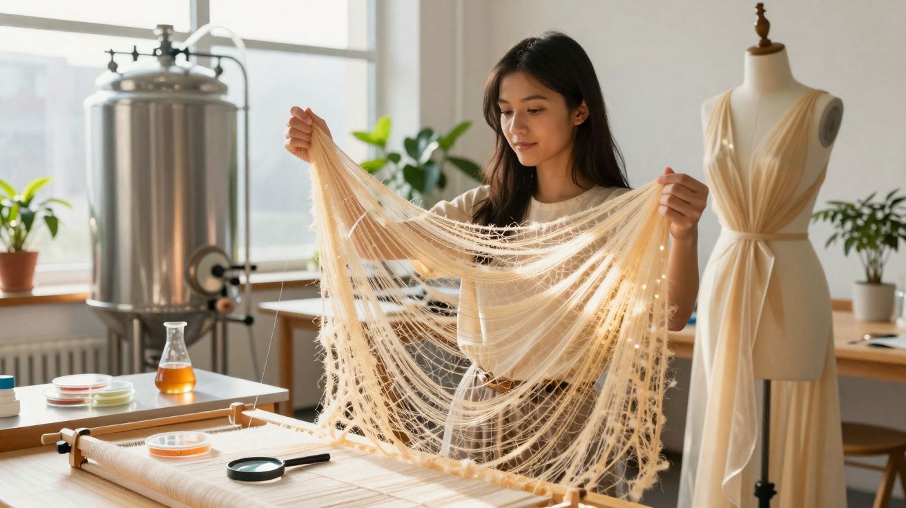 Mulher a manipular tecido transparente em atelier com manequim vestido ao lado e materiais de artesanato na mesa.