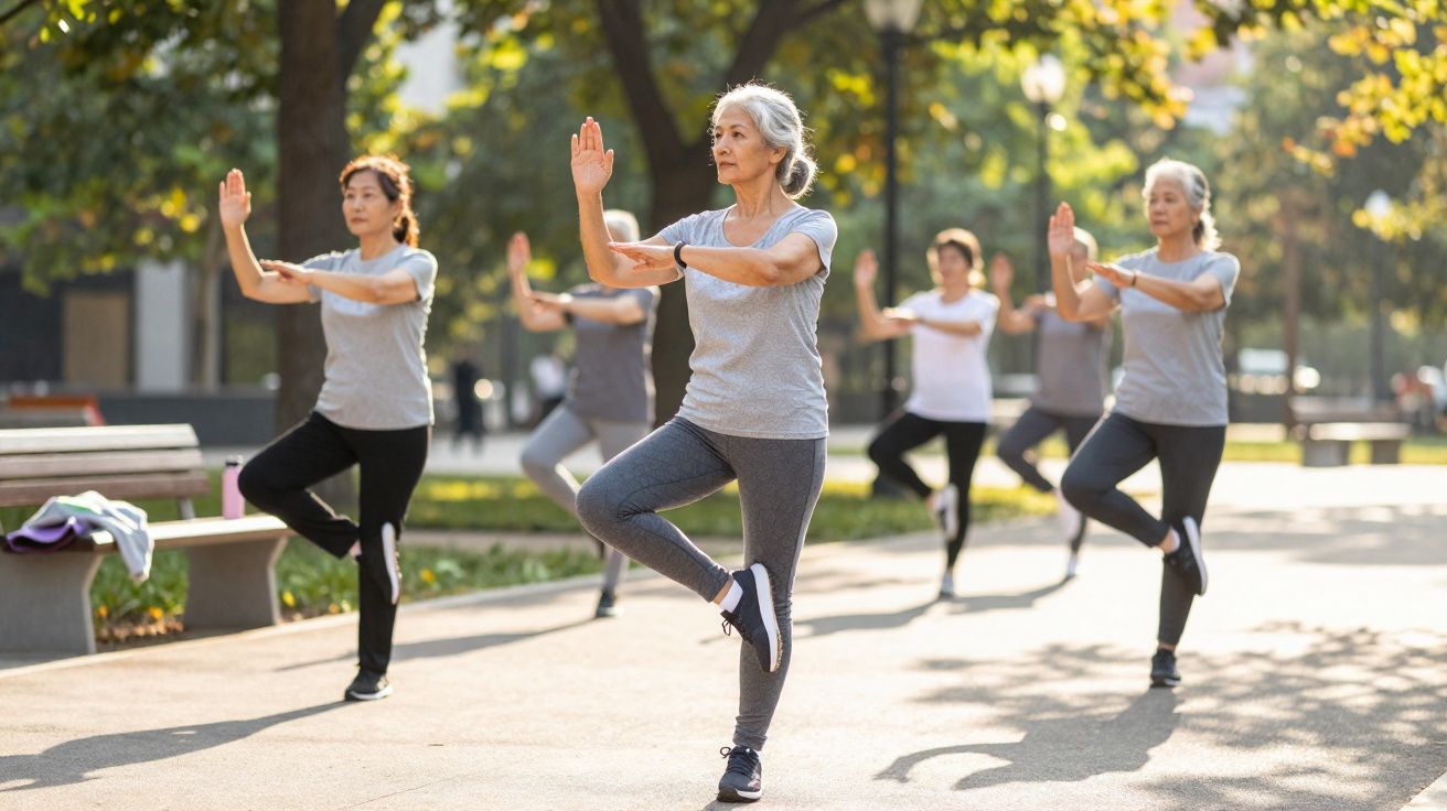 Grupo de mulheres idosas a praticar tai chi ao ar livre num parque ensolarado.