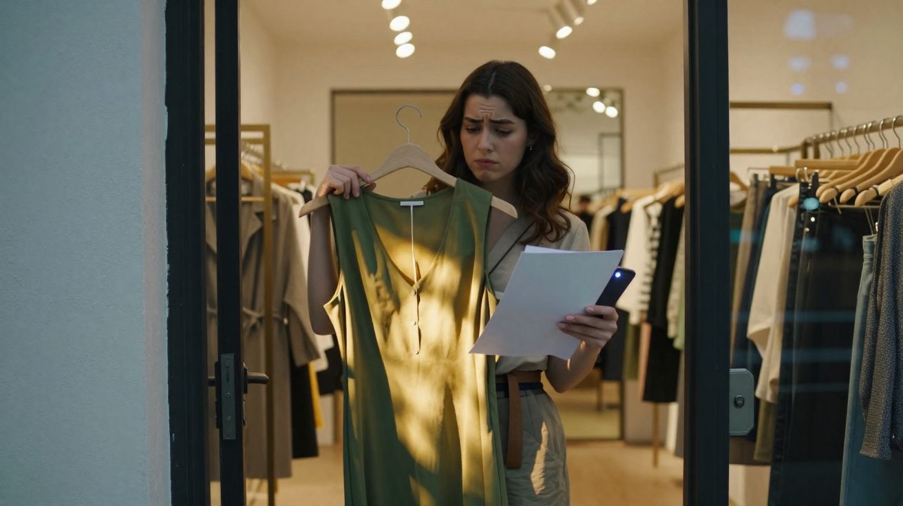 Mulher numa loja de roupa segura vestido verde e papel, com expressão pensativa e indecisa.