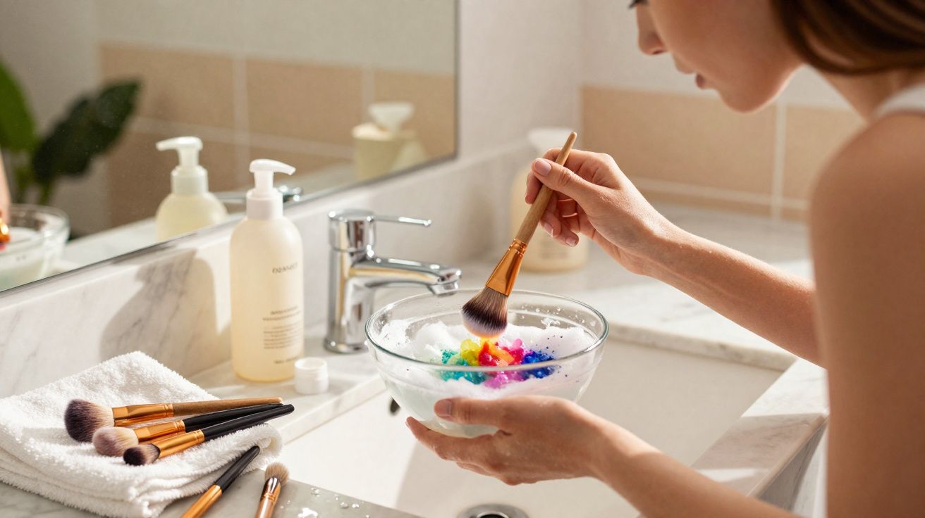 Pessoa a limpar pincéis de maquilhagem em bacia com espuma num lavatório de casa de banho moderna.
