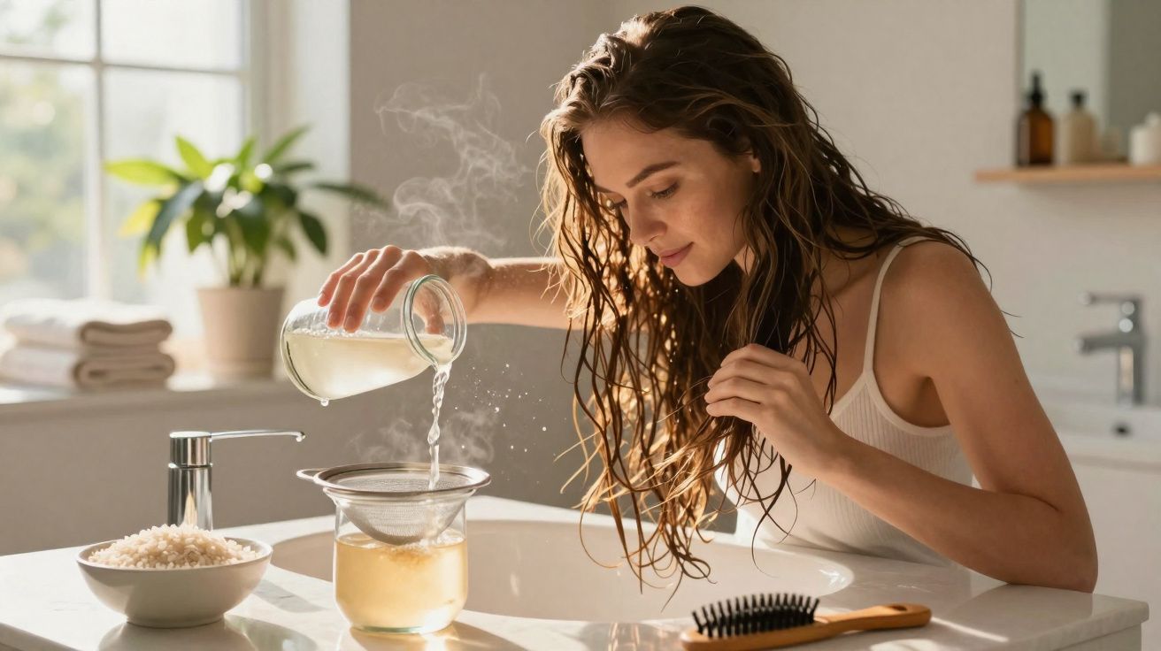 Mulher a verter líquido quente num coador para preparar infusão na casa de banho iluminada.