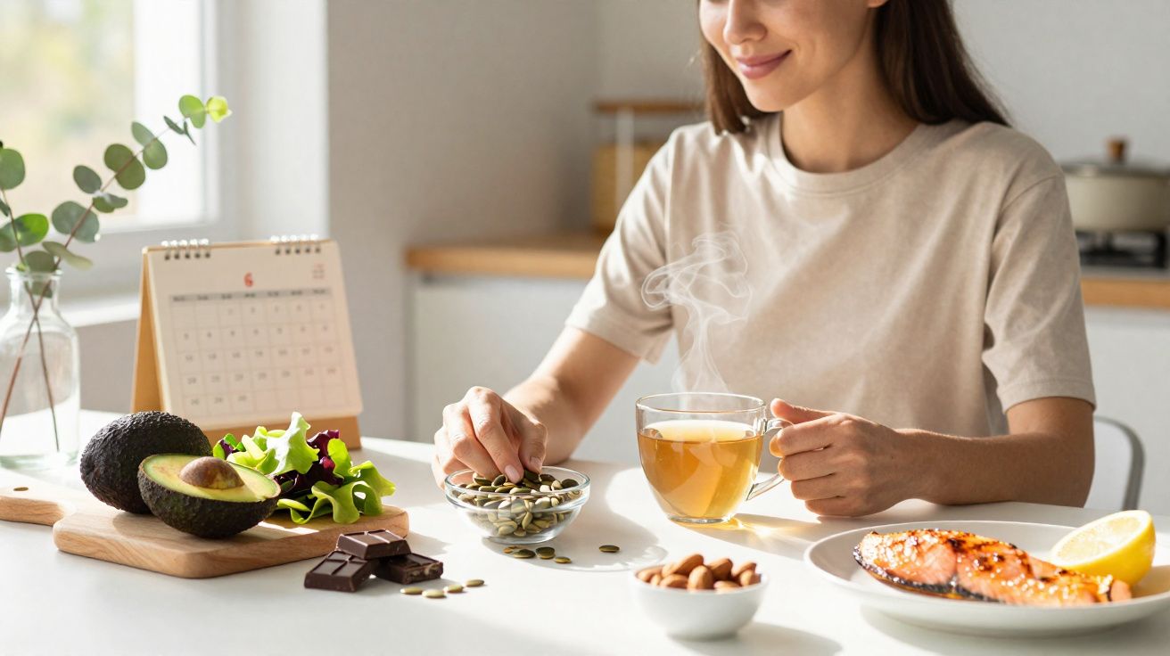 Mulher sentada à mesa com chá, sementes, abacate, chocolate, salmão e legumes numa cozinha luminosa.