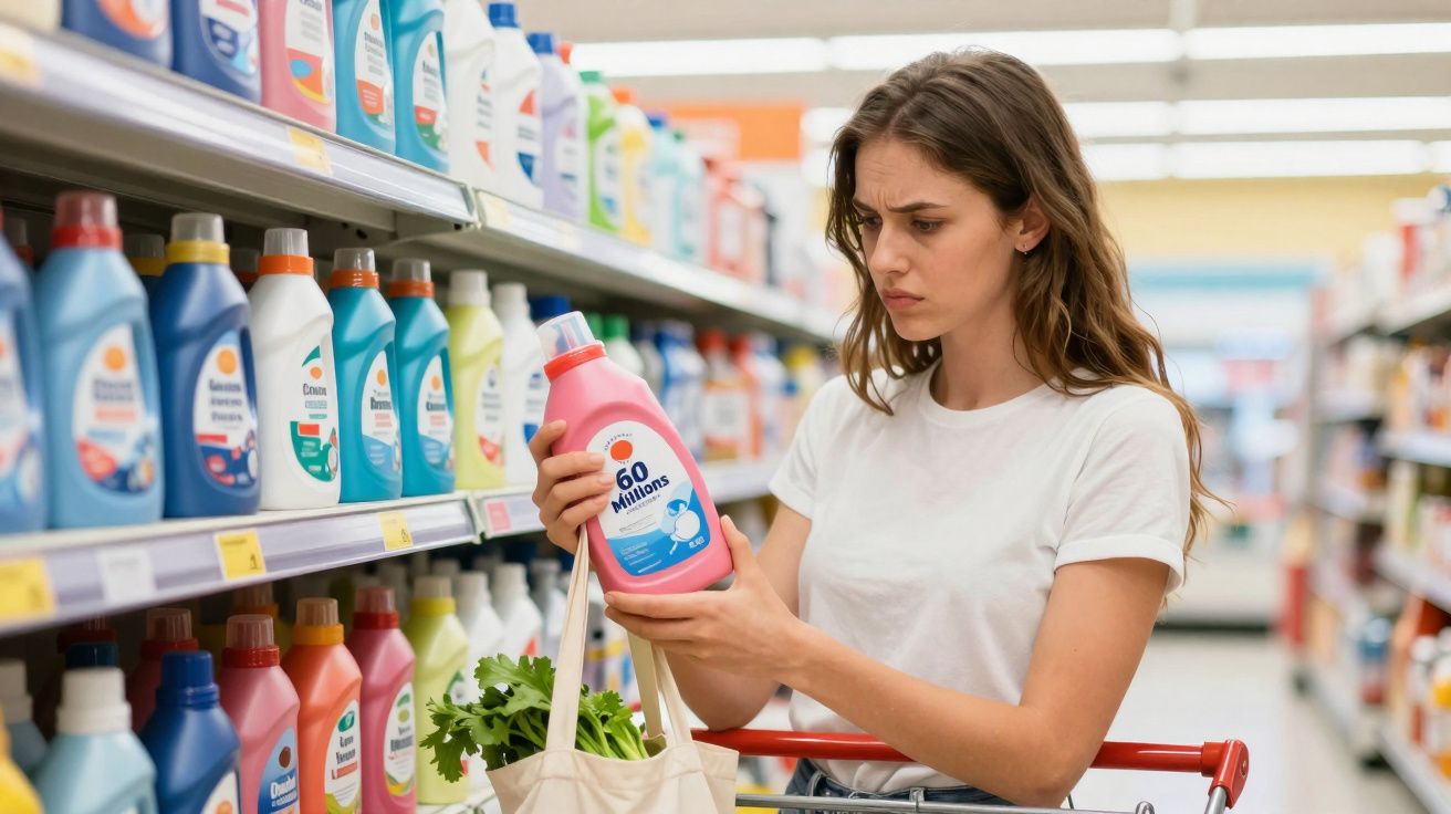 Mulher com expressão pensativa segurando detergente rosa no supermercado na secção de produtos de limpeza.