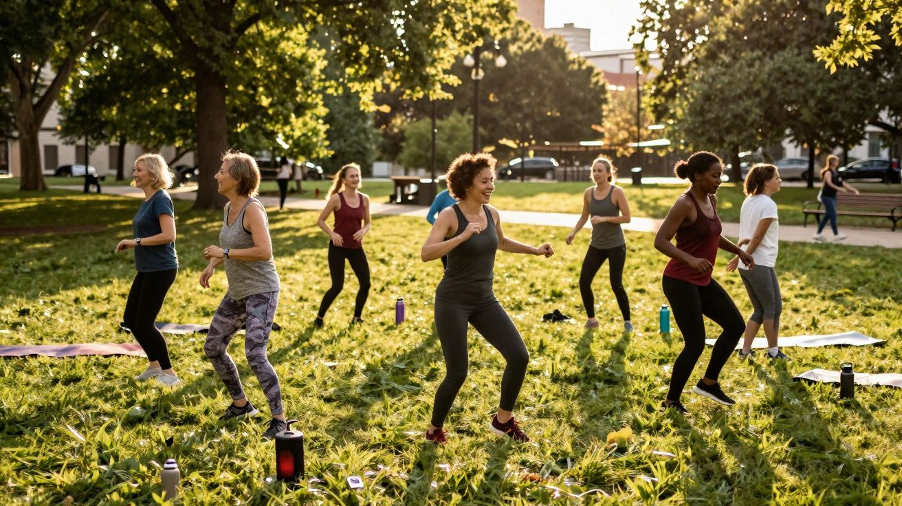 Grupo de mulheres a praticar exercícios ao ar livre num parque verde e ensolarado.