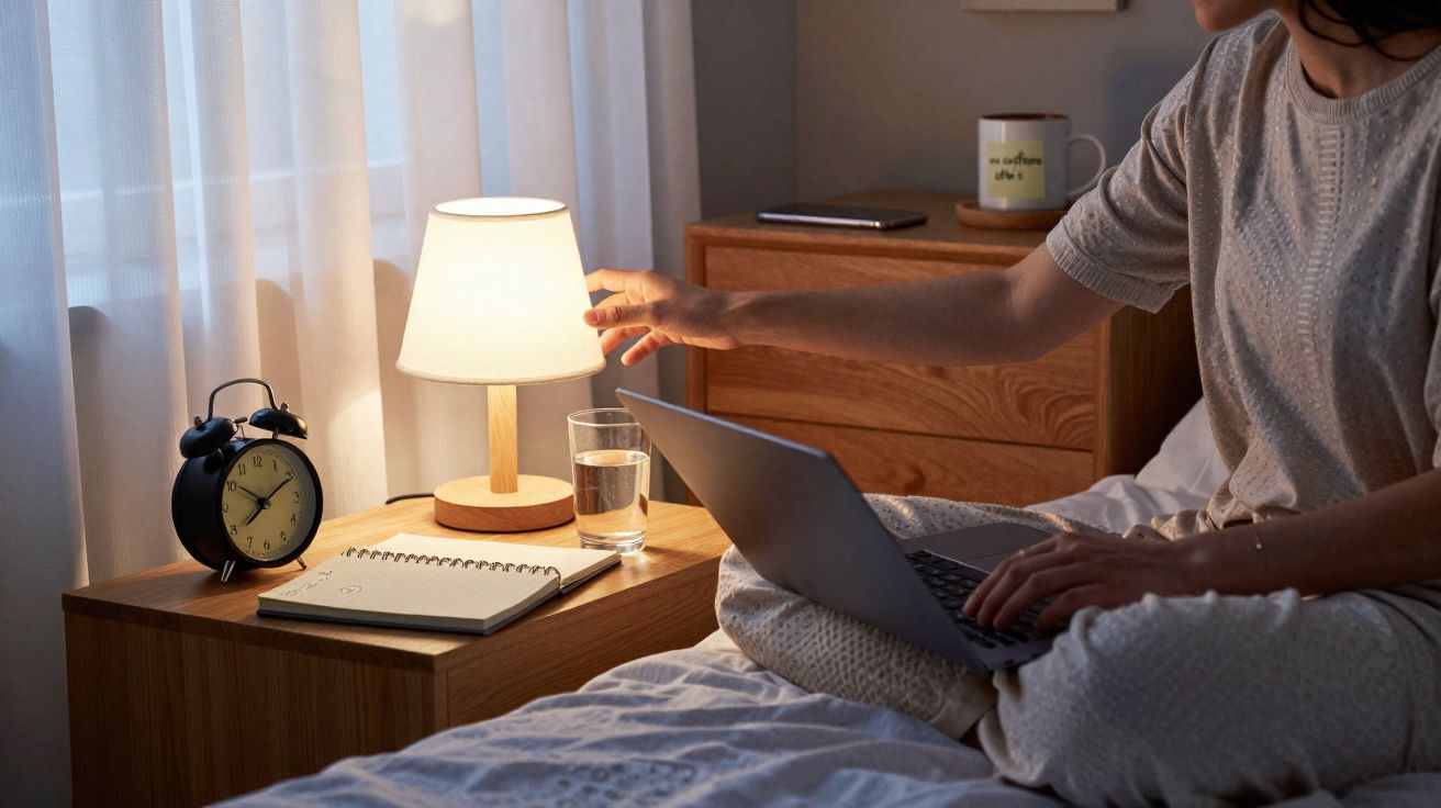 Pessoa sentada na cama a usar computador portátil, a desligar lâmpada numa mesa de cabeceira com despertador e copo de água.