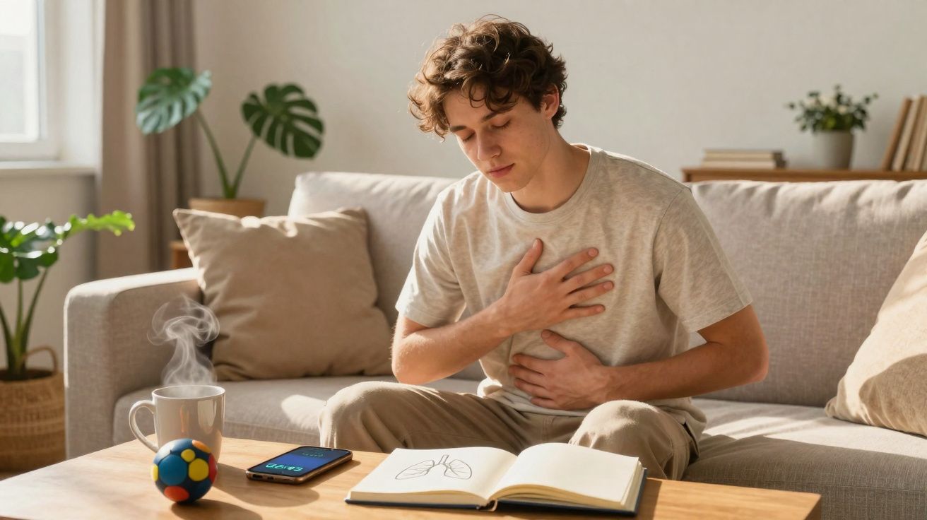 Jovem sentado no sofá com mão no peito e barriga, aparente dor, ao lado chá quente e livro aberto na mesa.