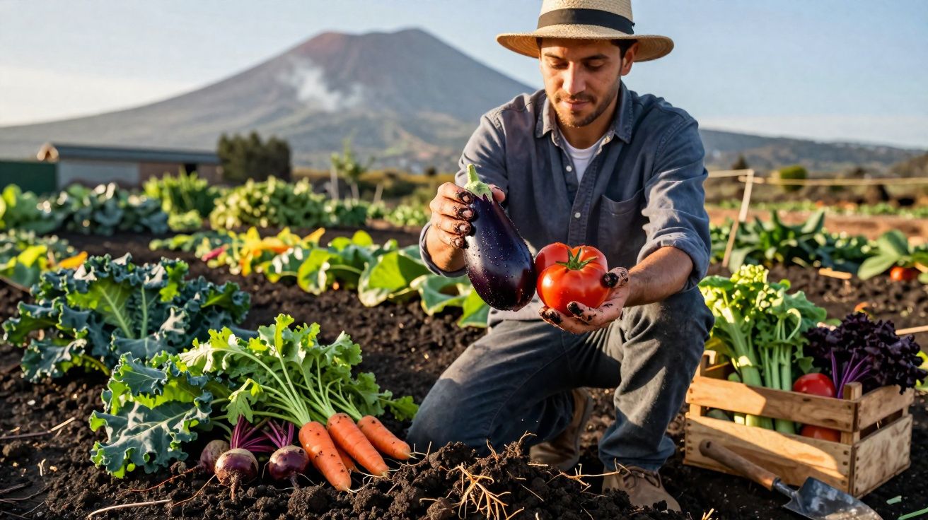 Homem a colher beringela e tomate numa horta com legumes frescos e um vulcão ao fundo.