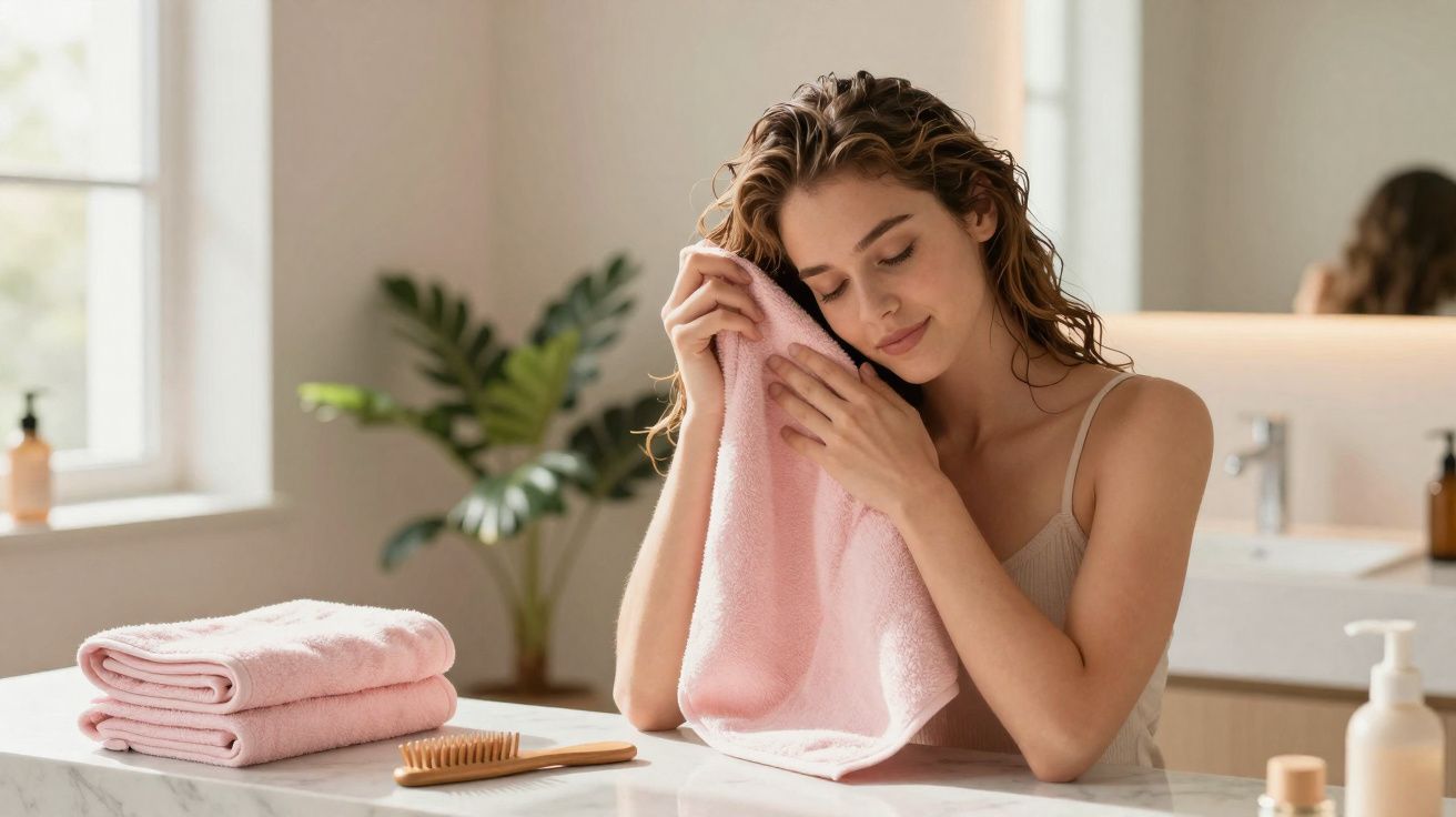 Mulher a secar o rosto com uma toalha rosa numa casa de banho iluminada e moderna.