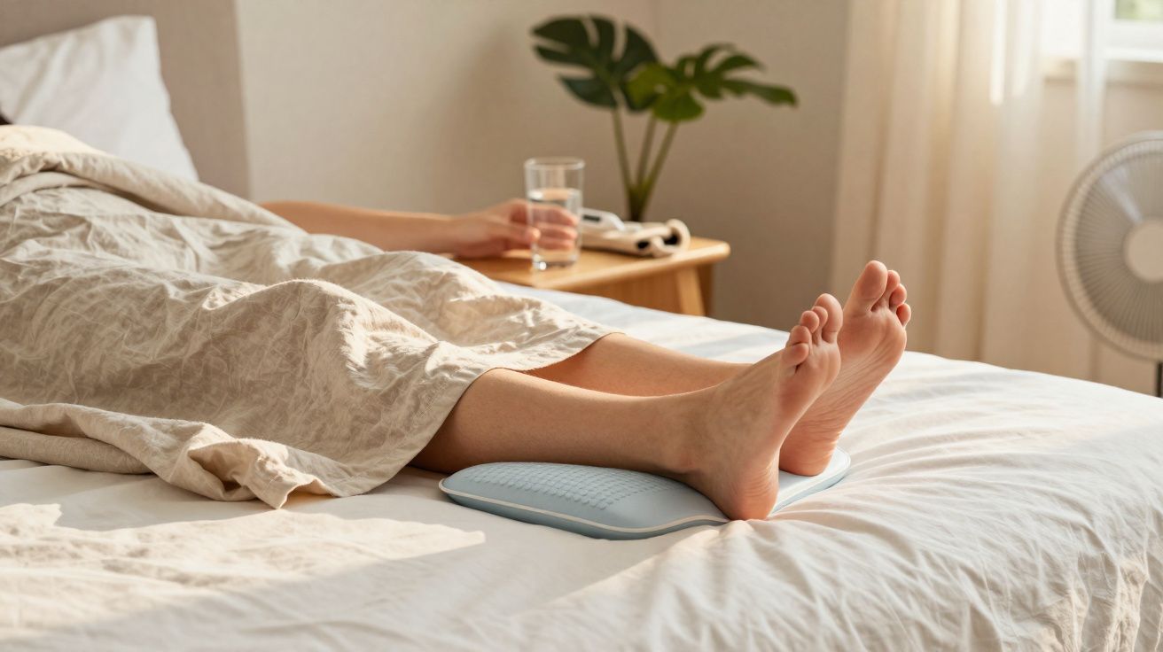 Pés nus de uma pessoa numa cama, com cobertor bege, descansando sobre almofada azul.
