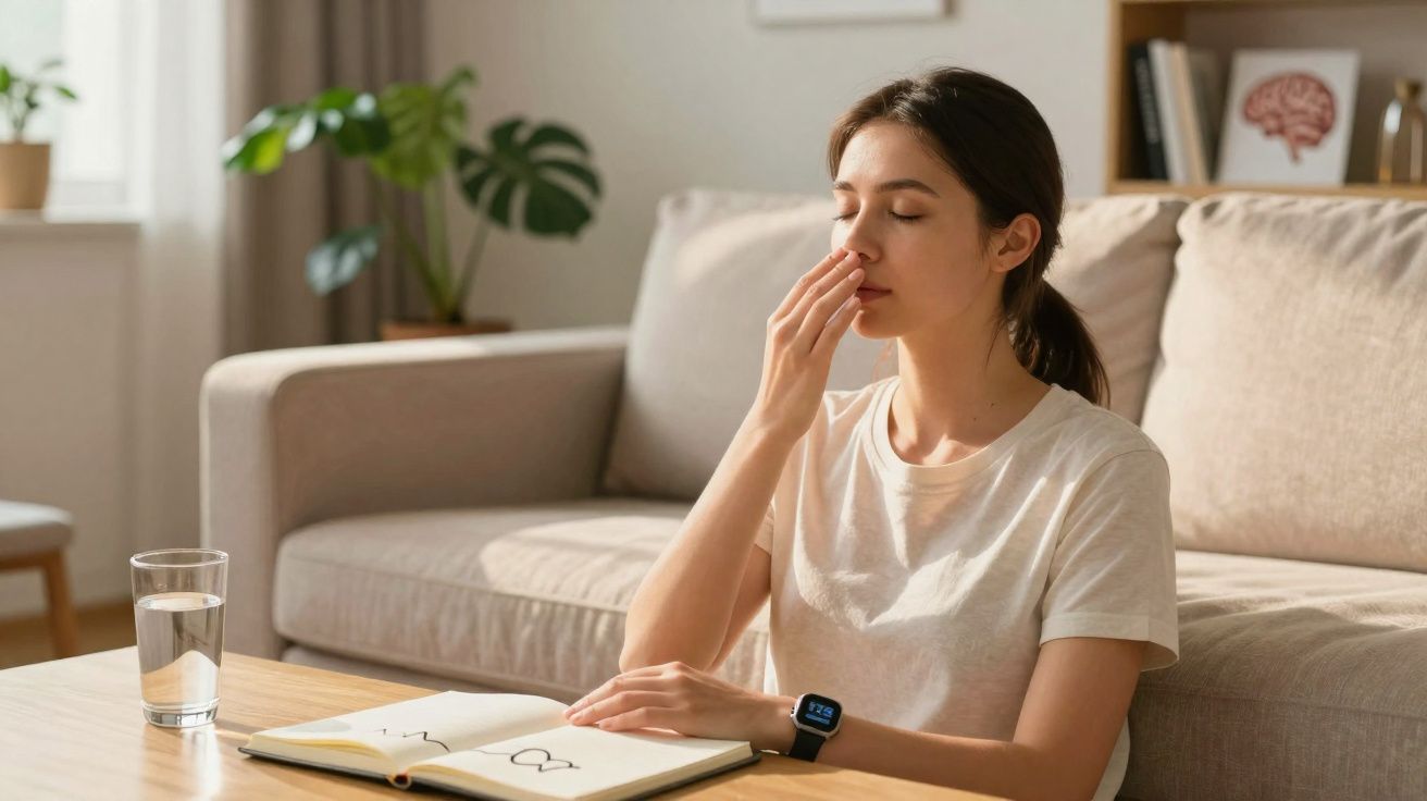 Mulher a fazer exercício de respiração sentada a uma mesa com livro aberto e um copo de água.