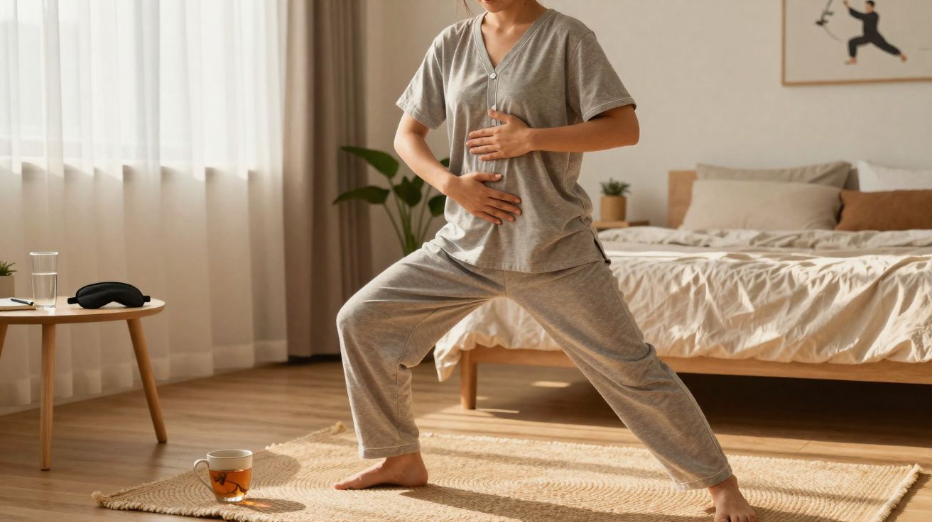 Pessoa de pijama cinzento a praticar yoga, numa sala de estar com cama e iluminação natural.