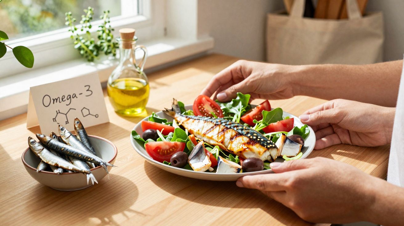 Pessoa a segurar prato com salada, tomate, azeitonas e peixe grelhado, óleo e carta Omega-3 na mesa.