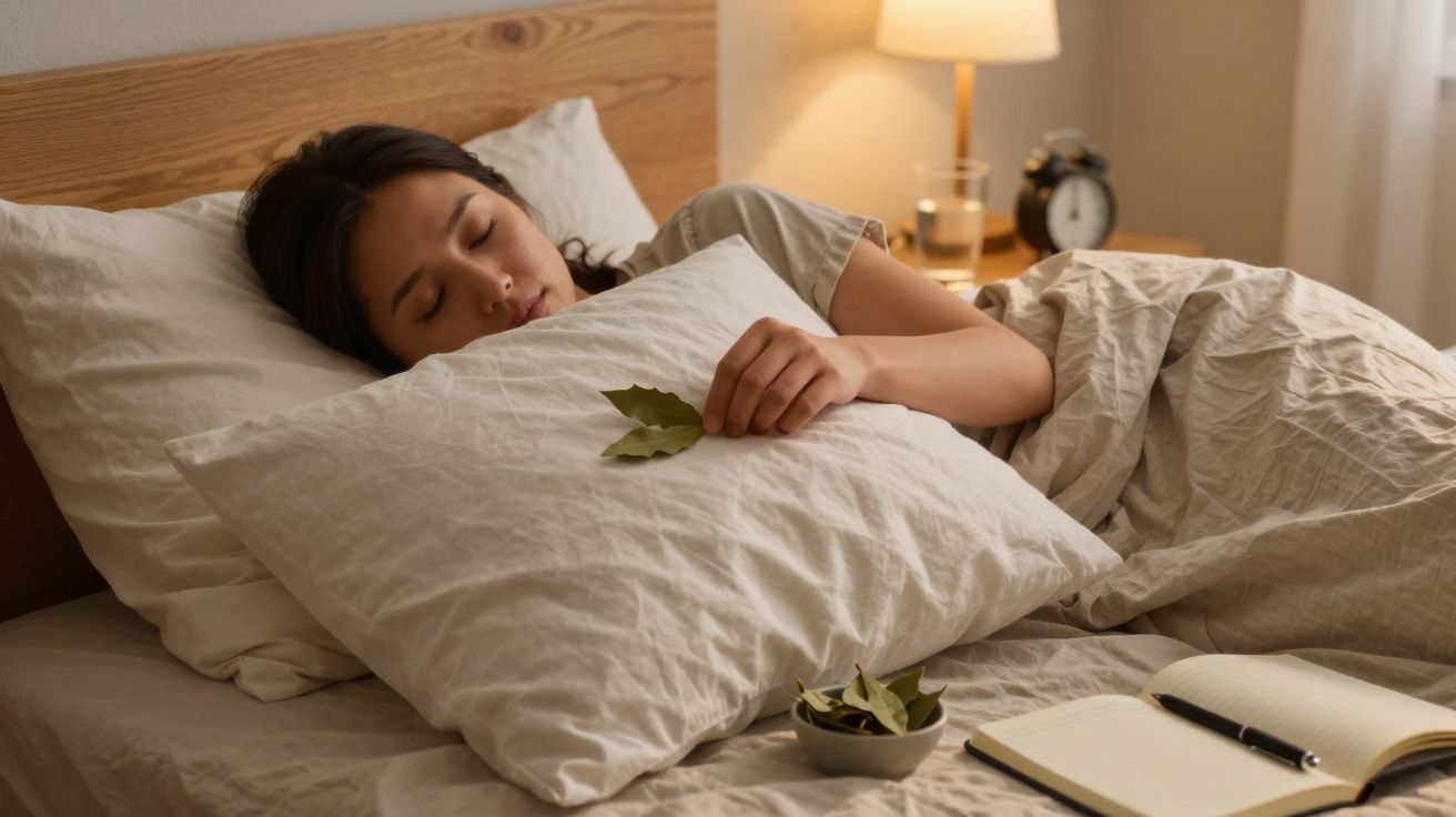 Pessoa a dormir abraçada a almofada com folhas verdes, ao lado de caderno aberto e caneta num quarto acolhedor.