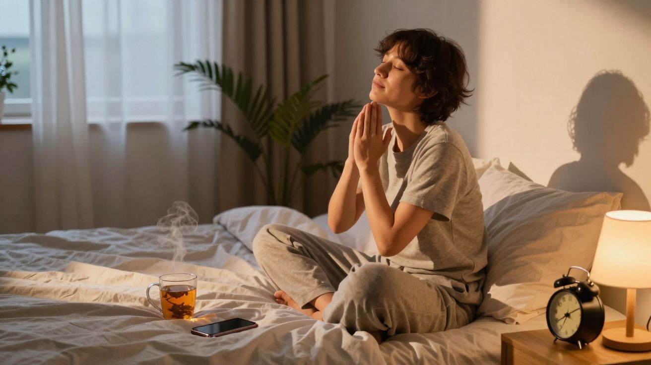 Mulher sentada na cama, olhos fechados, mãos juntas em posição de oração, luz suave da manhã.